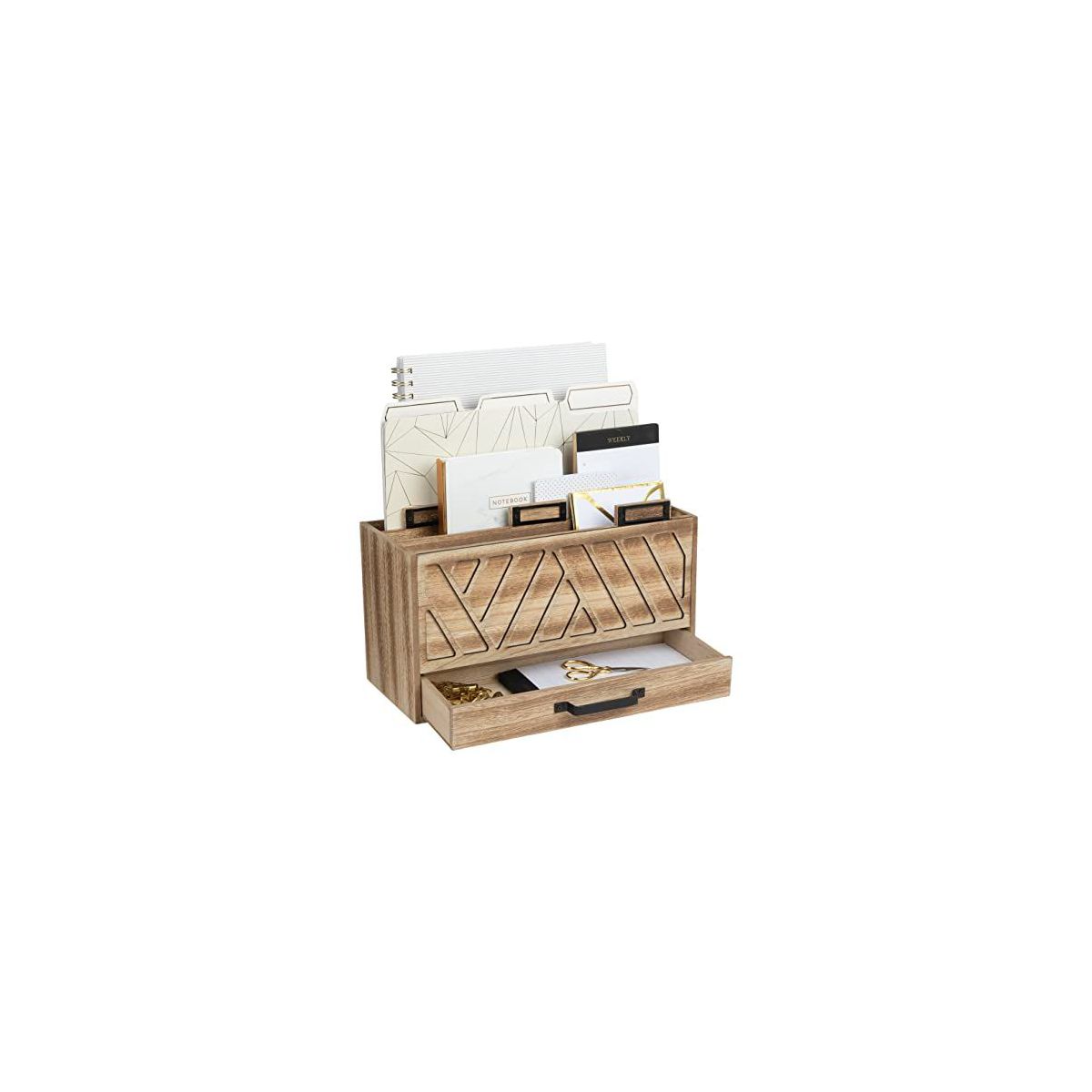 Blu Monaco Grey Desktop Mail Organizer – Three-Tiered with Gold Label Holders and Drawer