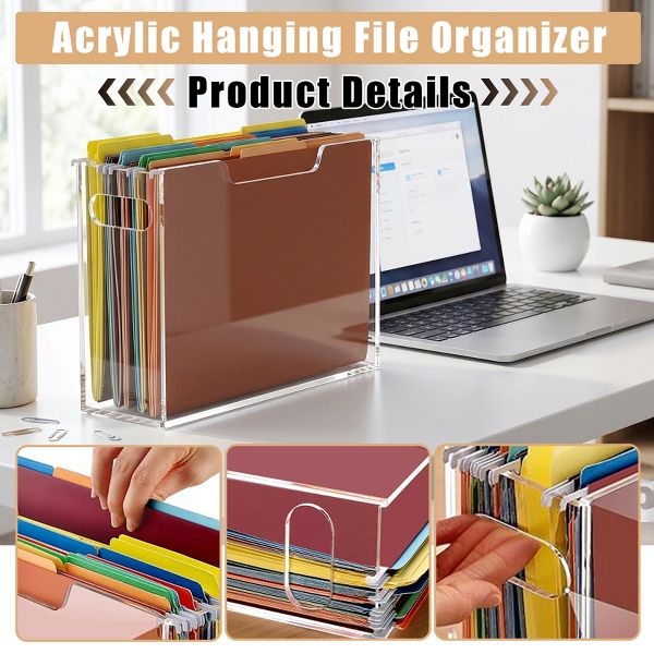 File Organizer Box for Letter Size Hanging Folders, Acrylic Desk File Holder with Portable Handle, Clear Narrow Size Envelope File for Office