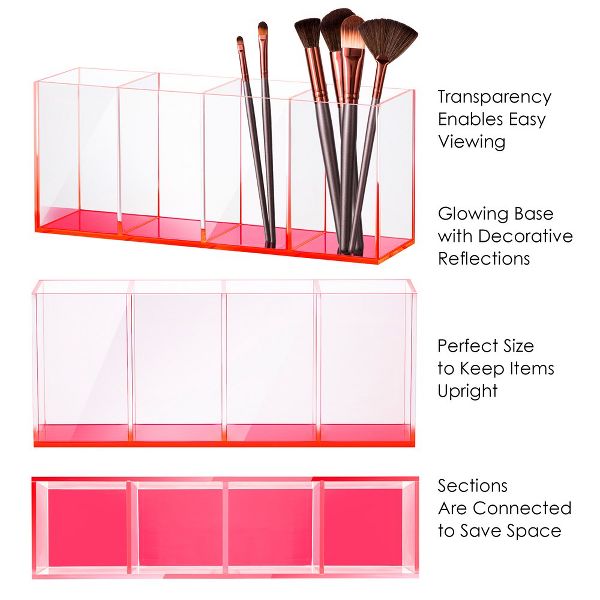 Clear Acrylic Makeup Brush Organizer with Metallic Rose Gold Base, 4 Compartment Office Organizers for Desk - Elavain
