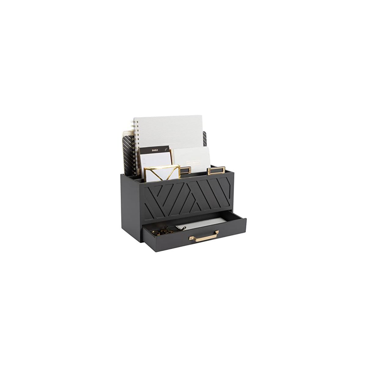 Blu Monaco Grey Desktop Mail Organizer – Three-Tiered with Gold Label Holders and Drawer