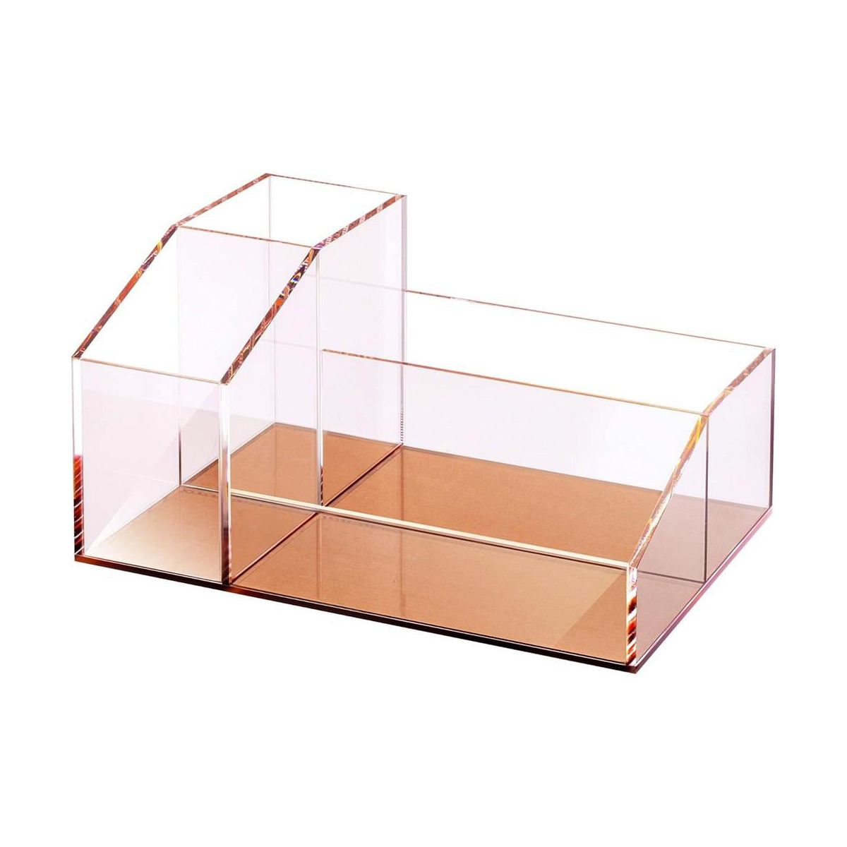 Clear Acrylic Makeup Brush Organizer with Metallic Rose Gold Base, 4 Compartment Office Organizers for Desk - Elavain