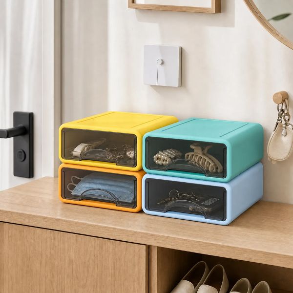 Stackable Storage Drawer with Dividers, Transparent PP Material Desktop Organizer, Durable Thickened Storage Container, Small Size, Set of 4, Color