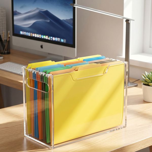 File Organizer Box for Letter Size Hanging Folders, Acrylic Desk File Holder with Portable Handle, Large Envelope File Size for Office