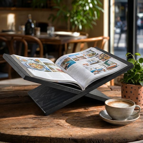 Minimalist Collapsible Wood Book Stand – Matte Black Adjustable Triangle Book Holder – Ergonomic Hands-Free Stand for Desk and Reading