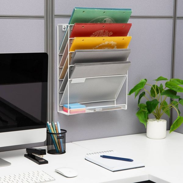 Mind Reader 5-Tier Vertical File Storage, Desktop Organizer, Wall Mount, Office, Metal Mesh, 12.75"L x 4"W x 16"H, Silver: Office Supplies