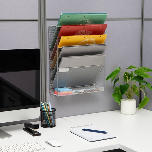 Mind Reader 5-Tier Vertical File Storage, Desktop Organizer, Wall Mount, Office, Metal Mesh, 12.75"L x 4"W x 16"H, Silver: Office Supplies