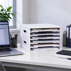 6 layers Paper Storage Rack, PVC Desktop File Organizer Shelf with Wooden Bookshelf Design, Durable Multi-Layer Document Holder for Office 1Pack