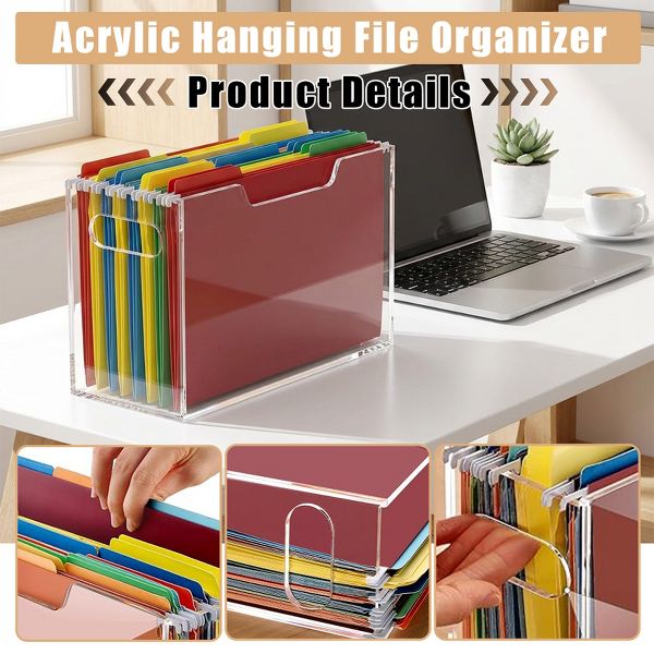File Organizer Box for Letter Size Hanging Folders, Acrylic Desk File Holder with Portable Handle, Large Envelope File Size for Office