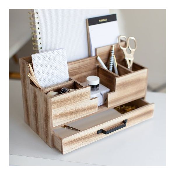 Blu Monaco Wooden Desktop Organizer Large Desk Accessories and Workspace Organizers - Office Organizer with Drawer in Natural Wood