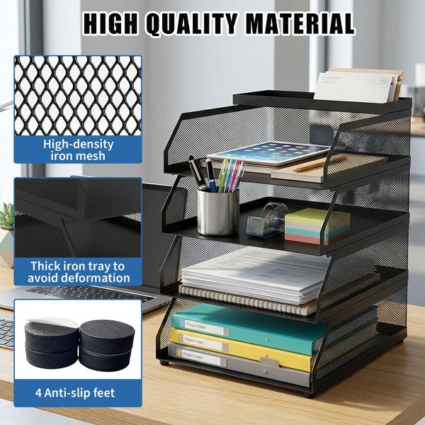 Stackable Mesh Desk Organizer -Metal Document Tray with Top Shelf - Slanted Letter & Folder Holder -for Office or School Desktop Storage，3 layers