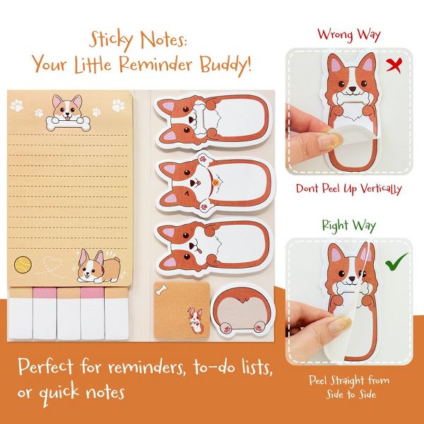 Wrapables Sticky Notes Set, Memo Notepads, Book Tabs, Page Markers, Sticky Notes, Home and Office Supplies (440 Sheets Total), Corgi