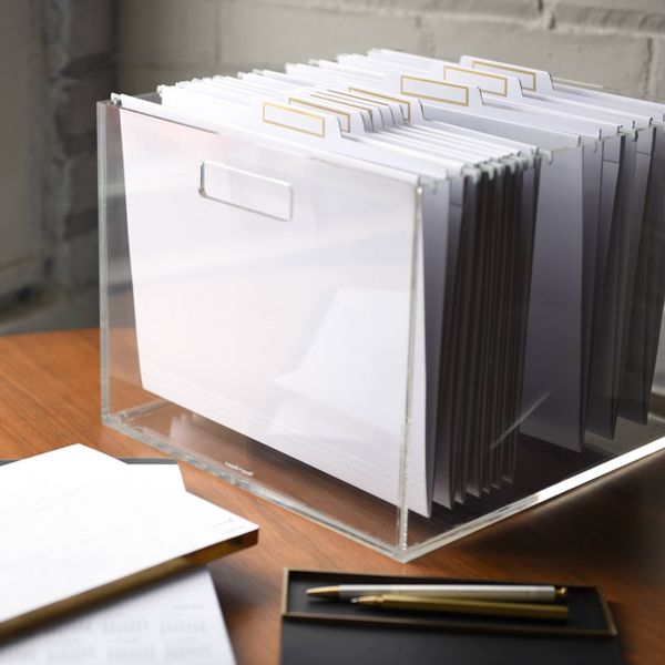 RUSSELL + HAZEL Acrylic File Box: Clear Desk Organizer, Office Supplies, 10" H x 12.75" D x 12.25" W, Acrylic File Holder