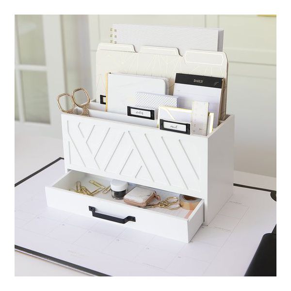 Blu Monaco Grey Desktop Mail Organizer – Three-Tiered with Gold Label Holders and Drawer