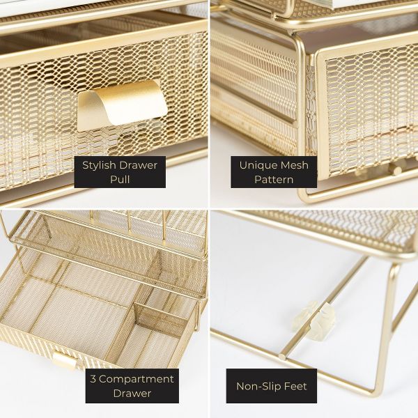 Blu Monaco Gold Desk Organizer - Includes Detachable File Organizer, Stackable Paper Tray & Drawer, Office Supplies for Desk