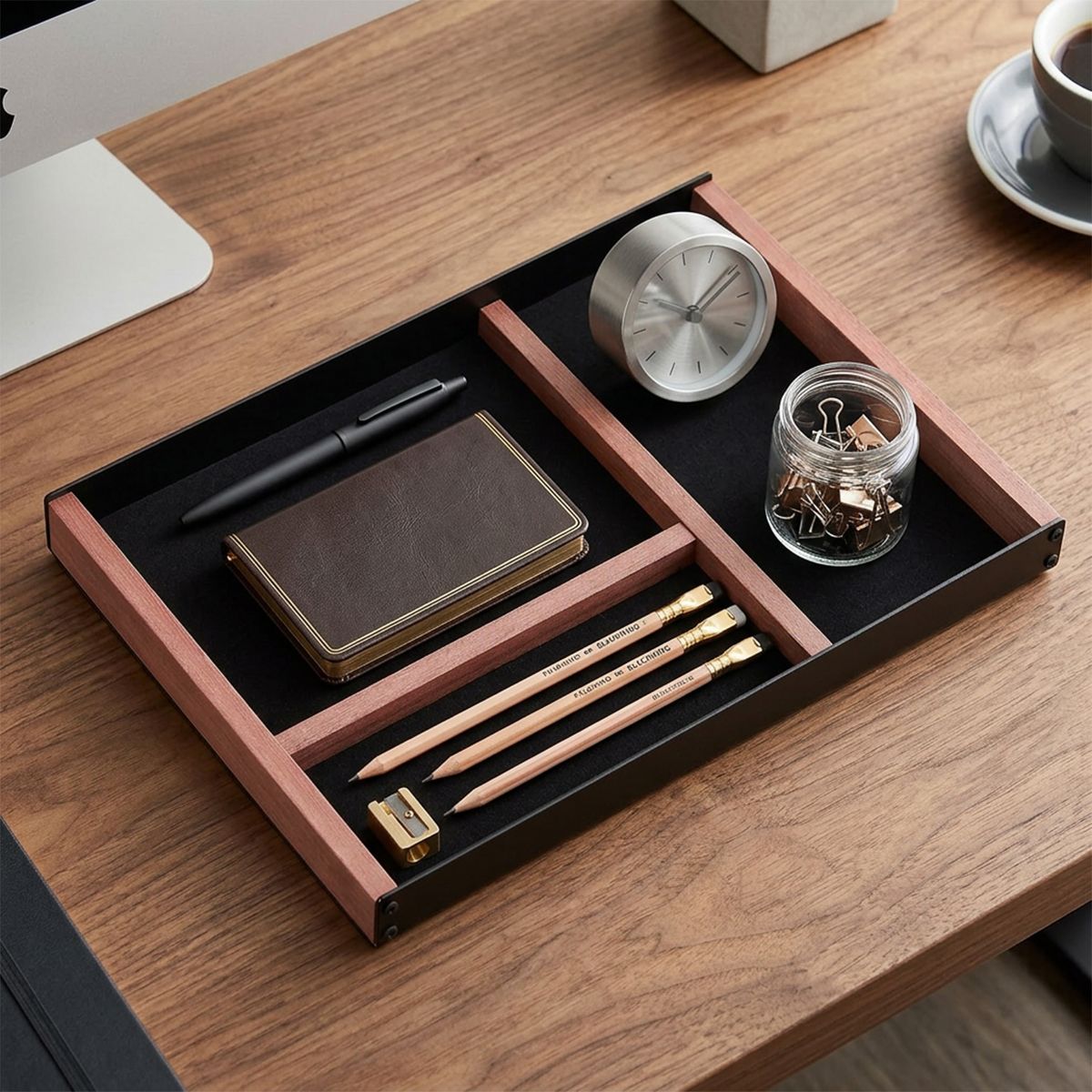 3-Compartment Iron & Paulownia Wood Desk Storage Drawer, Office Desk Organizer Tray for Pens, Headphones, Sticky Notes