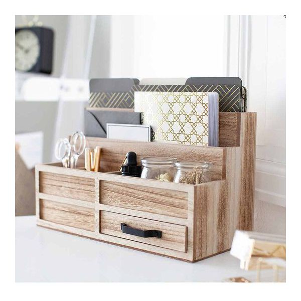 Blu Monaco Brown Wood Mail Organizer with Drawer & Pen Holder - Desk Organizer for Bills, Storage, Countertop & Kitchen