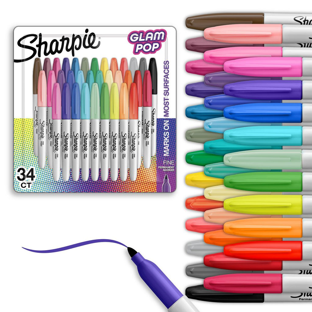 Sharpie 34pk Permanent Markers Fine Tip Multicolored Glam Pop: Art & Stationery, Office Supplies, Colored Sharpies