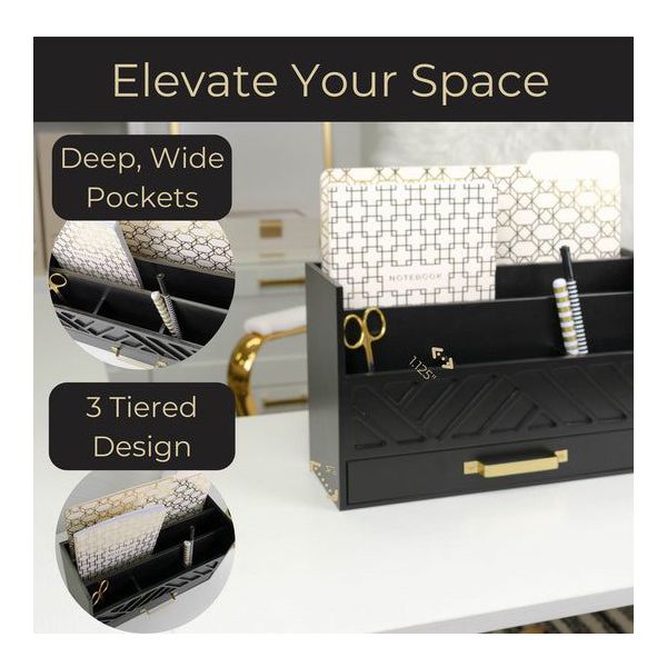 Blu Monaco Black Mail Organizer with Drawer and Gold Handle - Desktop Mail Holder and Office Supplies Storage