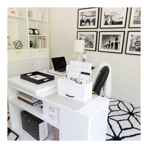 Blu Monaco Grey Desktop Mail Organizer – Three-Tiered with Gold Label Holders and Drawer