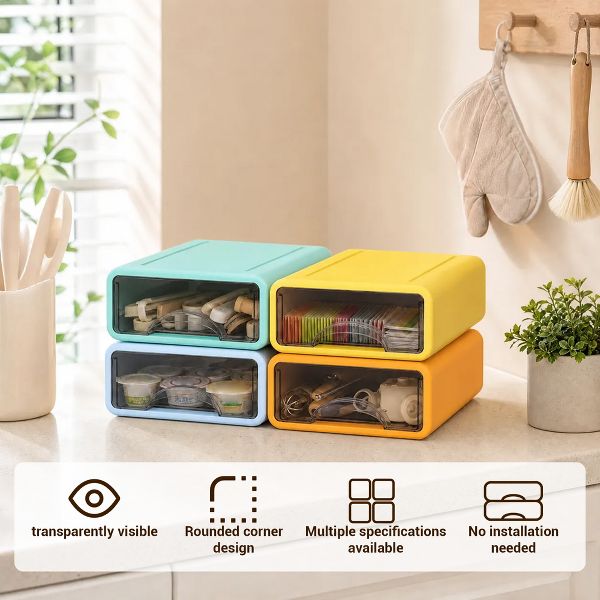 Stackable Storage Drawer with Dividers, Transparent PP Material Desktop Organizer, Durable Thickened Storage Container, Small Size, Set of 4, Color