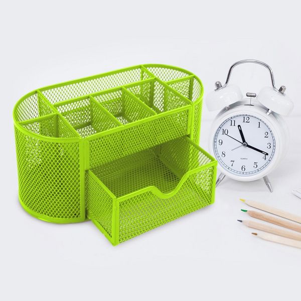 Metal Mesh Desk Organizer with Drawer, Multi-Compartment Office Supply Storage Caddy, Green