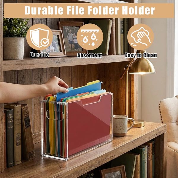 File Organizer Box for Letter Size Hanging Folders, Acrylic Desk File Holder with Portable Handle, Clear Narrow Size Envelope File for Office