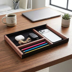 3-Compartment Iron & Paulownia Wood Desk Storage Drawer, Office Desk Organizer Tray for Pens, Headphones, Sticky Notes