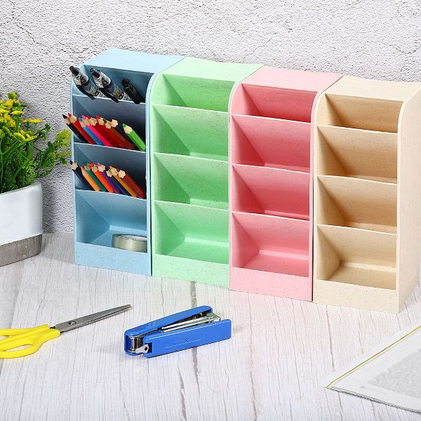Unique Bargains Pen Holder, Desk Organizer 4 Compartments Pencil Storage Box for Office Home Supplies Blue