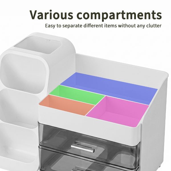 Large Capacity Desk Organizer with 2 Clear Drawers & Pen Holder, 35cm Black Desktop Storage Rack for Office, School & Home Supplies