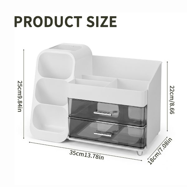 Large Capacity Desk Organizer with 2 Clear Drawers & Pen Holder, 35cm Black Desktop Storage Rack for Office, School & Home Supplies
