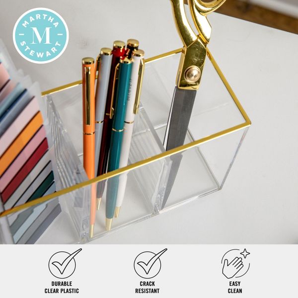 Martha Stewart Kerry Plastic 4 Compartment Pen Holder Office Desktop Organizer with Gold Trim