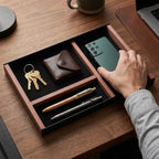 3-Compartment Iron & Paulownia Wood Desk Storage Drawer, Office Desk Organizer Tray for Pens, Headphones, Sticky Notes
