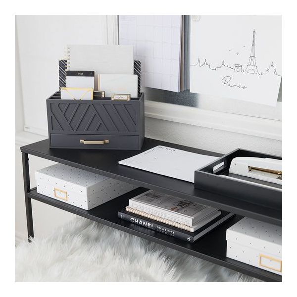 Blu Monaco Grey Desktop Mail Organizer – Three-Tiered with Gold Label Holders and Drawer