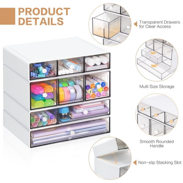 9-Drawer Desk Organizer, 4-Tier Plastic Storage Box with Clear Drawers, Stackable Desktop Storage Cabinet for Office Supplies, Makeup, Crafts
