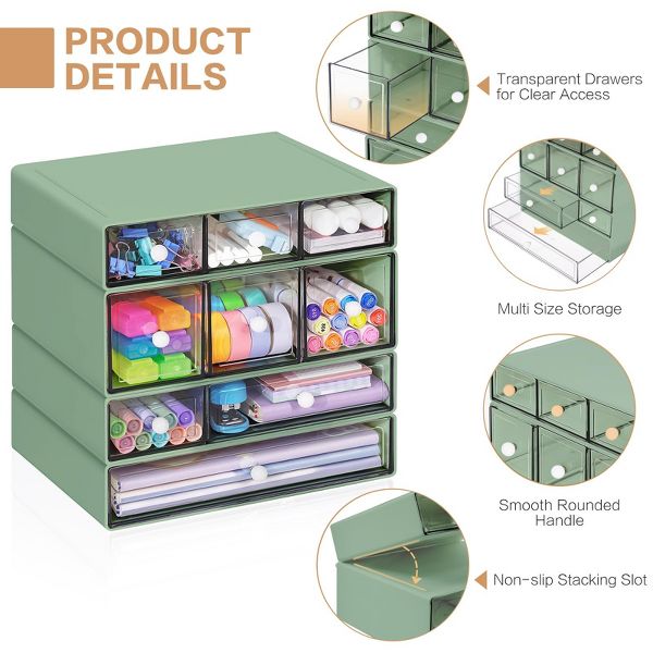 9-Drawer Desk Organizer, 4-Tier Plastic Storage Box with Clear Drawers, Stackable Desktop Storage Cabinet for Office Supplies, Makeup, Crafts
