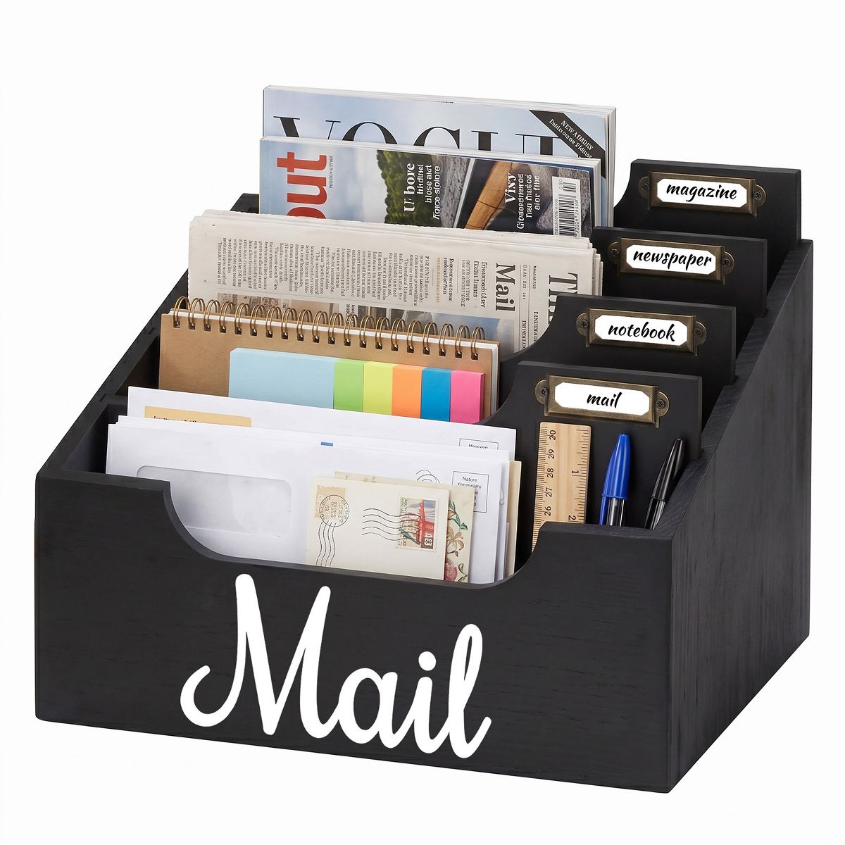 Wooden Mail Organizer Desktop Sorter, Multi-Compartment Countertop Mail Holder with Label Tags, Tabletop Letter Magazine Notebook Stationery Storage