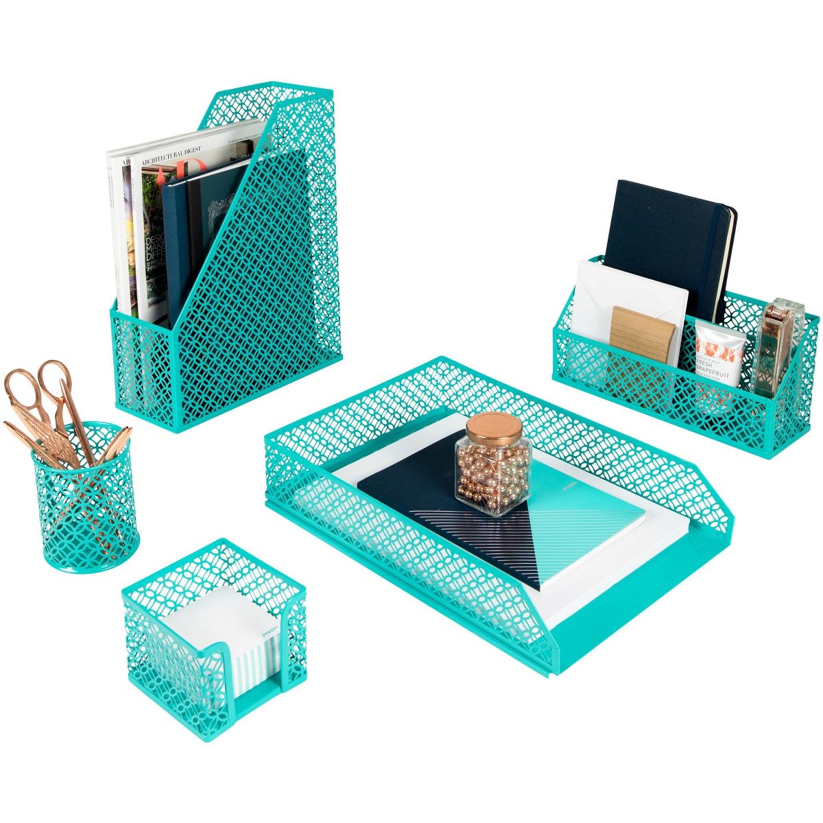 Blu Monaco 5 Piece Dark Teal Desk Organizer Set - Desk Organizers and Accessories for Women - Teal Desk Accessories - Desktop Organization