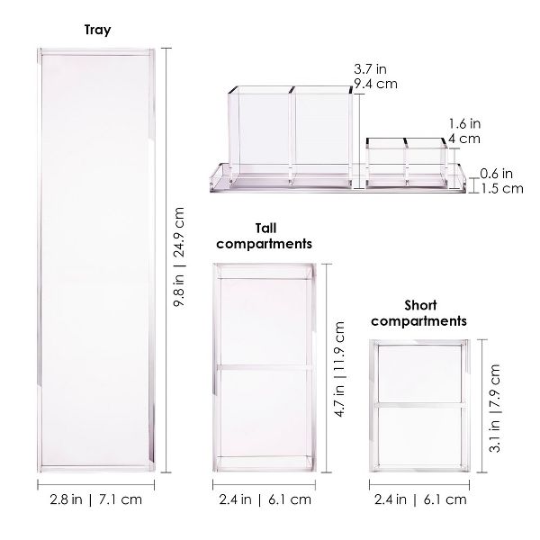 Clear Acrylic Makeup Brush Organizer with Metallic Rose Gold Base, 4 Compartment Office Organizers for Desk - Elavain