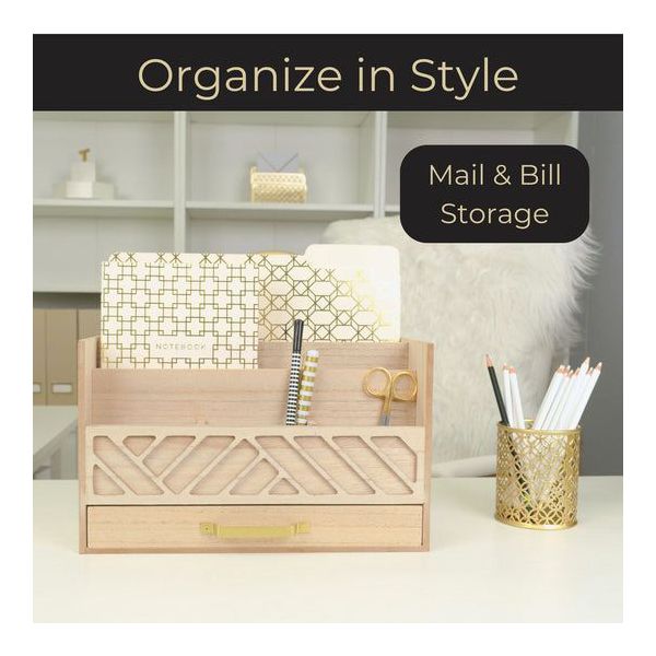 Blu Monaco Black Mail Organizer with Drawer and Gold Handle - Desktop Mail Holder and Office Supplies Storage