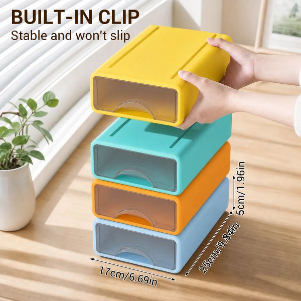 Stackable Storage Drawer with Dividers, Transparent PP Material Desktop Organizer, Durable Thickened Storage Container, Small Size, Set of 4, Color