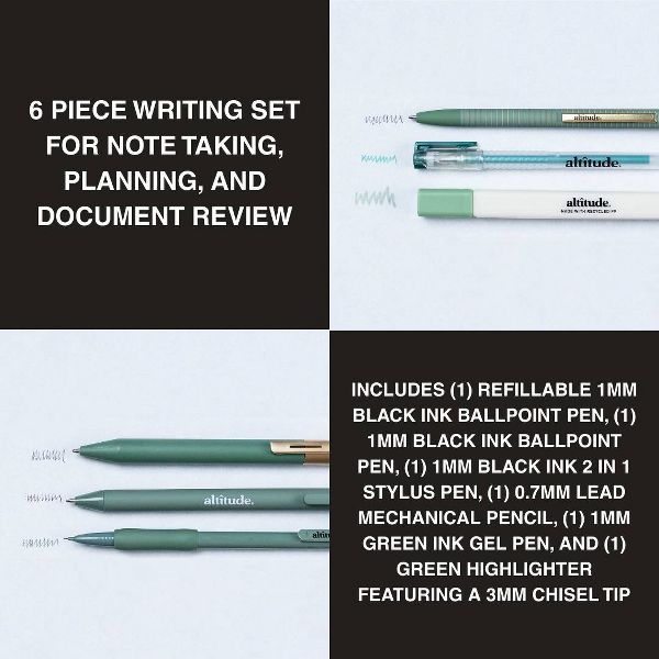 Altitude 6pk Essential Writing Kit with Pens, Mechanical Pencils, and Highlighter- Dark Sage