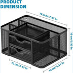 Aeelleea Mesh Desk Organizer, 7.67×5.51×3.93 Inch Desktop Caddy with 2 Drawers & 5 Compartments, Black Metal Pencil Holder for Office Art Supplies