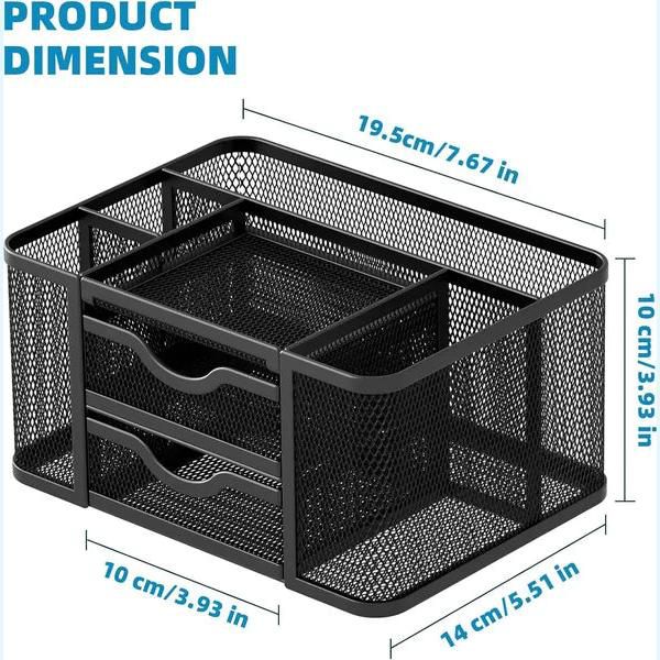 Aeelleea Mesh Desk Organizer, 7.67×5.51×3.93 Inch Desktop Caddy with 2 Drawers & 5 Compartments, Black Metal Pencil Holder for Office Art Supplies