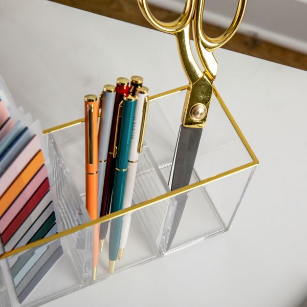 Martha Stewart Kerry Plastic 4 Compartment Pen Holder Office Desktop Organizer with Gold Trim