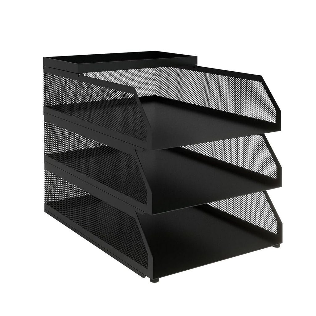 Stackable Mesh Desk Organizer -Metal Document Tray with Top Shelf - Slanted Letter & Folder Holder -for Office or School Desktop Storage，3 layers