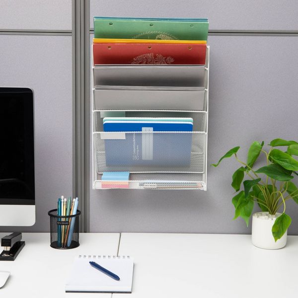 Mind Reader 5-Tier Vertical File Storage, Desktop Organizer, Wall Mount, Office, Metal Mesh, 12.75"L x 4"W x 16"H, Silver: Office Supplies