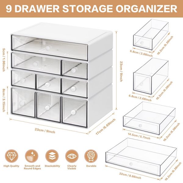9-Drawer Desk Organizer, 4-Tier Plastic Storage Box with Clear Drawers, Stackable Desktop Storage Cabinet for Office Supplies, Makeup, Crafts