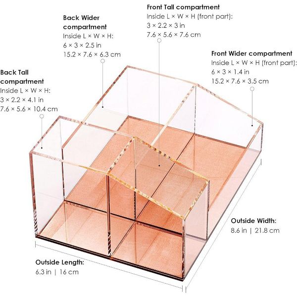 Clear Acrylic Makeup Brush Organizer with Metallic Rose Gold Base, 4 Compartment Office Organizers for Desk - Elavain