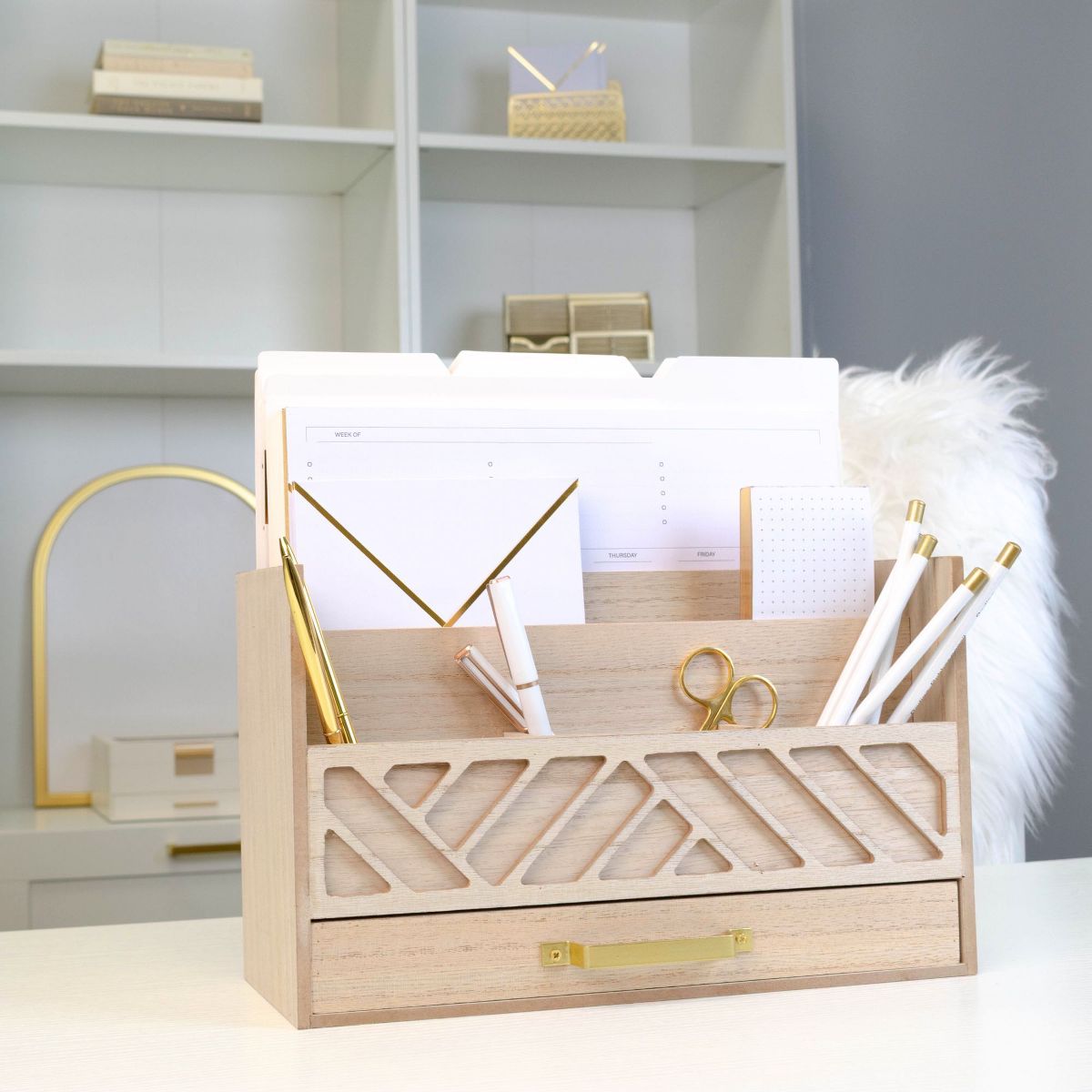 Blu Monaco Black Mail Organizer with Drawer and Gold Handle - Desktop Mail Holder and Office Supplies Storage