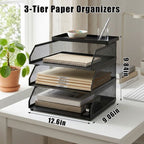 Stackable Mesh Desk Organizer -Metal Document Tray with Top Shelf - Slanted Letter & Folder Holder -for Office or School Desktop Storage，3 layers